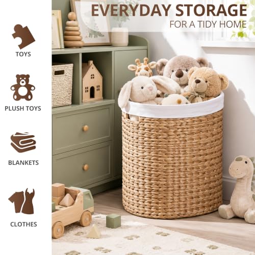 Image of Woven Laundry Basket - Large Wicker Hamper for Clothes Storage - Round Rattan Laundry Hamper - Water Hyacinth Storage Basket (Natural Brown, 17.7 x 15 x 21.7 in)