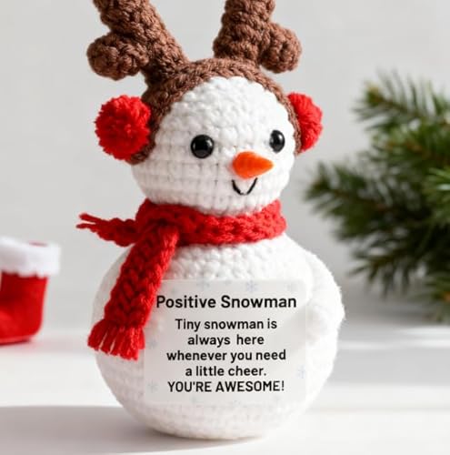 NIEBYI 9,9 cm großer positiver gehäkelter Schneemann, lustiger positiver Weihnachtsschneemann, gestrickter Schneemann mit jubelnder Karte, positives Weihnachts-Häkelgeschenk, handgefertigte Puppe für