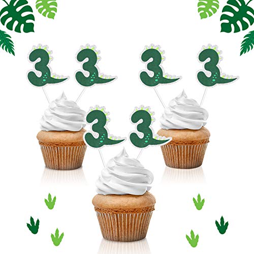 18Pcs Dinosaur Number 3 Cupcake Toppers - Jungle Jurassic Party Glitter Baby Dinosaur Party Supplies - Novelty Boy's 3Rd Birthday Decoration Favors #TOP17