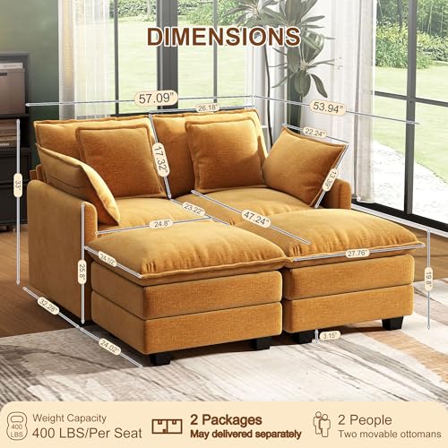 Image of 58 inch Cloud Couch Sectional Modular Sofa, Deep Seat Couches with Ottoman and Removable Washable Pillows for Living Room, Bedroom, Apartment, Orange