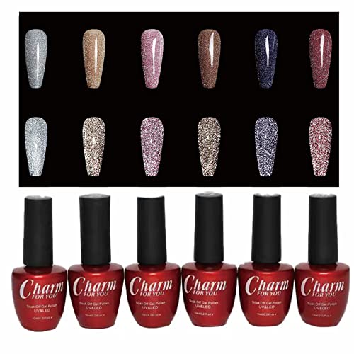 6 Colors Reflective Glitter Gel Nail Polish Set, Holographic Gel Nail Polish Set ,Sparkly Shiny Gel Nail Art Varnish Manicure Kit,Soak Off Diamond Gel Nail Polish Kit for Beginners DIY at Home