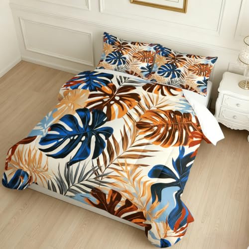 Edredón Cama 90 135 x 200 cm Patrón de Hojas Tropicales 4 Estaciones, Relleno Nórdico Microfibra marrón 2 Fundas, Lavable