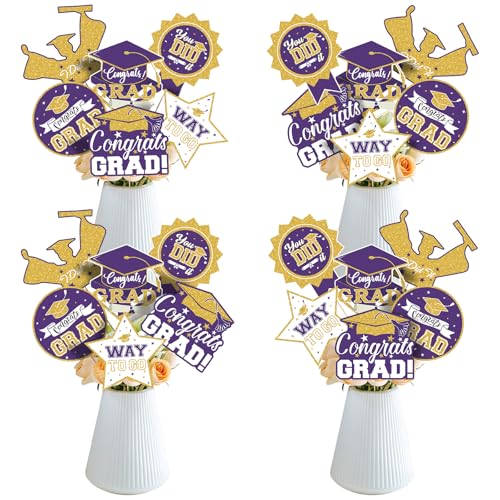 Image of 2026 Graduation Party Decorations - 24 Pcs Class of 2026 Congrats Grad Table Centerpieces Graduation Table Decorations Sticks Table Toppers for Graduation Party (Purple Gold)