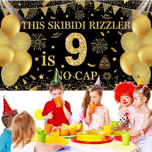 Image of Black Gold This Skibidi Rizzler is 9 No Cap Happy Birthday Backdrop Banner Photography Background Decorations for Boys Girls 9th Year Bday Party Accessories Supplies 72.8 * 43.3in