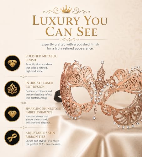 Image of Masquerade Mask for Women with Rhinestones - Elegant Metal Half Face Mask for Masquerade Parties, Mardi Gras, & Themed Events