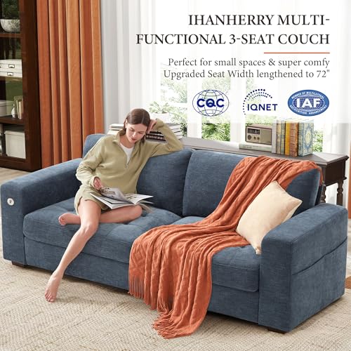 Image of Ihanherry Modern Sofa Living Room Couch with USB /Type-C Charging Port, Comfy 3-Seats Chenille Recliner Sofa for Small Space, Removable Medium Firm Cushion, (89inch, Blue)