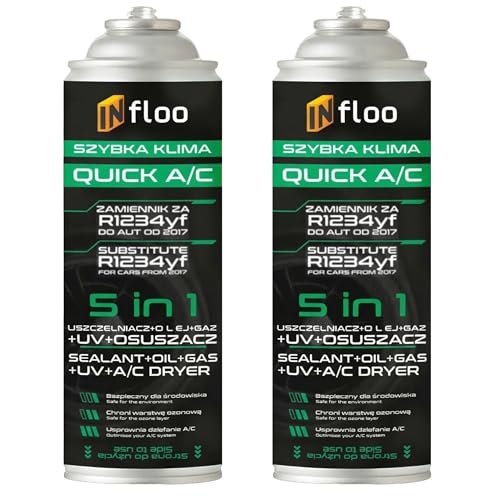 INfloo Quick A/C 5in1 – 2× Sostituto del Gas R1234yf 205 g, Gas + Sigillante + Olio + UV + Essiccante, per Climatizzatore Auto Compatibile dal 2017
