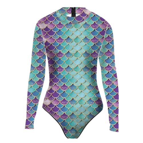 Generisch Traje de baño de sirena de manga larga para mujer, traje de baño con estampado de escamas de pescado, traje de baño sexy de una pieza, traje de baño de sirena, traje de baño con brillo para