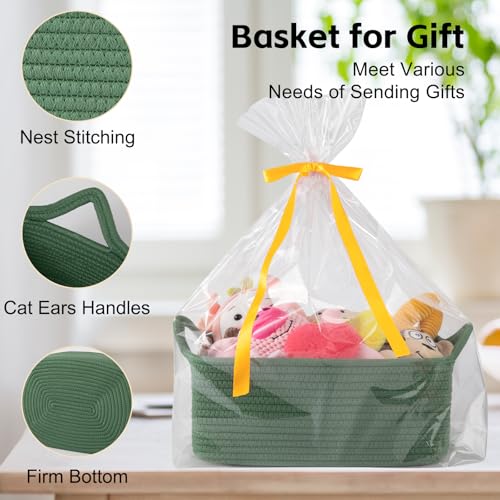 Image of OIAHOMY Woven Basket, Gift Basket Empty with Gift Bags and Ribbons, Rope Baskets for Baby Showers, Storage Baskets with Handles for Nursery, Pet Toy Organizer - Olive Green
