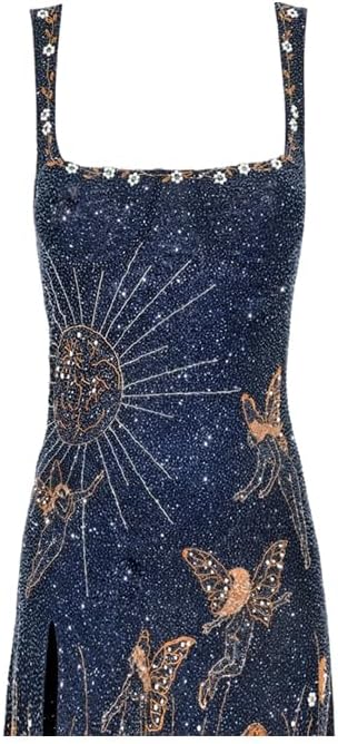 Women's Celestial Bodycon Dress 3D Sun Embroidery Sequin Slit Cocktail Party Evening Gown - Image 4