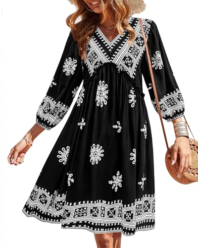 Image of BTFBM Women Casual Spring Summer Dresses V Neck 3 /4 Long Sleeve Ruffle Floral Flowy Boho Babydoll Mini Short Beach Dress