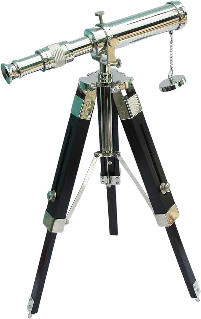 Generic Handmade Brass Telescope, 10 inches, with Black Wooden Tripod Stand, Nautical Gift