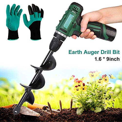 Garden Auger Drill Bit Spiral Digging Hand Patio Farm Soil Cultivator Tool for Planting Bedding Seeds Trees Shrubs Bulbs Flower Grass (1.6'' x 9'' + A Pair of Gloves)