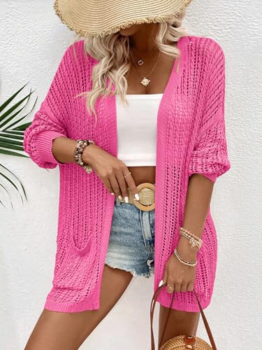 Image of Womens Crochet Cardigan Sweater Lightweight Rib Knit Open Front Sweater Coats Cover Up