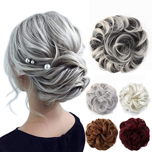 JJstar Messy Hair Bun Curly Wavy Hair Scrunchies Accessories Pieces for Women Girls Synthetic Chignons (Gray & White Tips)