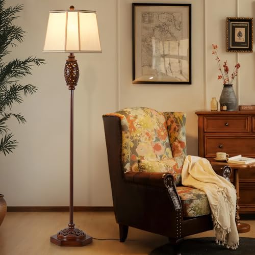 Image of Luvkczc Vintage Floor Lamp - Brown Carved Resin with Hollow Light Design | Rustic Standing Lamp for Living Room, Bedroom, Study(Bulb Included)