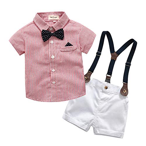 Tem Doger Baby Boys Short Sleeve Outfits Striped Plaid Shirt Bowtie Suspenders Shorts Overalls Gentleman Suit Set Clothes (Pink-2, 90/(18-24M))