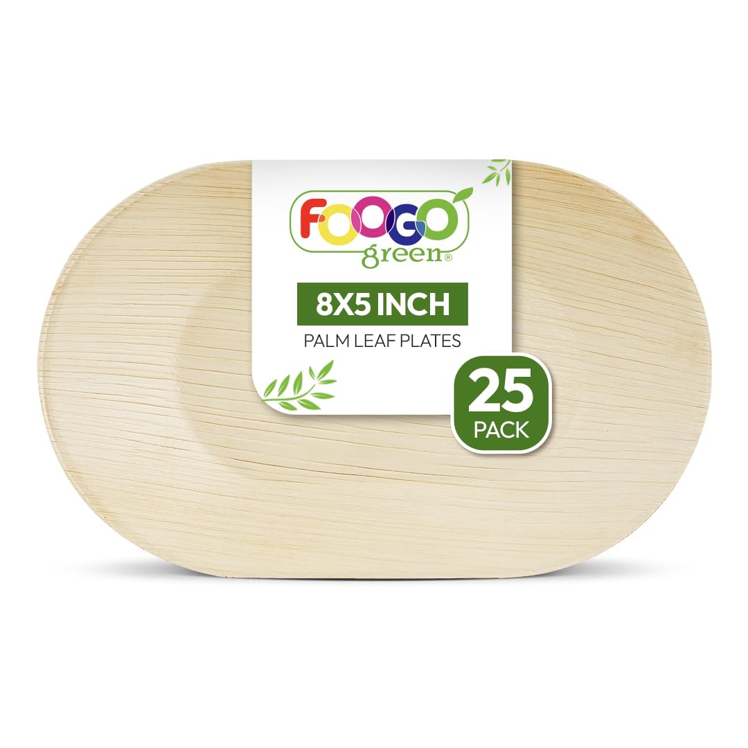 FOOGO Green Serviertabletts Aus Palmblatt – 25 Stück, 26x18 Cm, Mit Trennwand | Biologisch Abbaubar & Mikrowellengeeignet