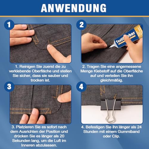 Textilkleber Waschmaschinenfest, Flexibel Stoffkleber Textilkleber, Stoff Kleben Statt Nähen, Textil Kleber Extra Stark Geeignet Für Baumwolle, Leder, Flanell, Denim Und Polyester Usw(60ml)