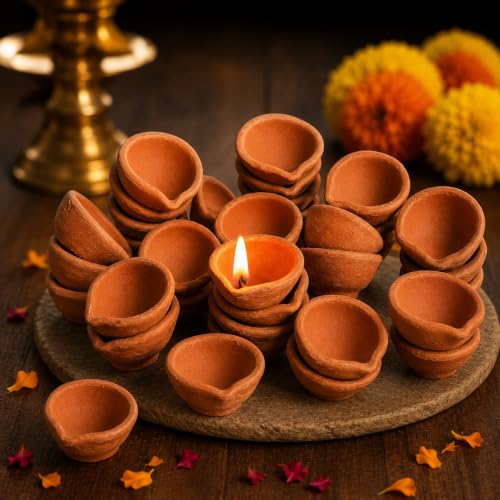 Image of Pure Source India Natural Clay Traditional Diwali Ke Diye | Earthen Clay Diya | Mitti Ka Diva | Diyas for Pooja (30pcs)