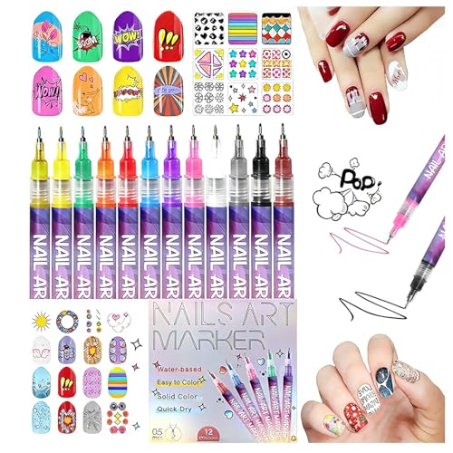 Image of 12 Color Nail Art Pens, 0.5 MM Nail Polish Pens Set Drawing Painting Point Liner Acrylic Painted Pen Kit, Waterproof and Quick-drying Nail for DIY Nails Art Design Manicure Tools (0.5mm)