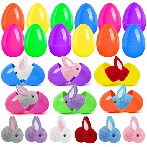 eboozone Easter Eggs Fillers with Bunny Plush 12Pack, Prefilled Easter Eggs Toys, Easter Basket Stuffers for Kids Teens Boys Girls, Classroom Treasure Box, Party Favors for Egg Hunt