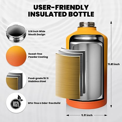 Image of One Gallon Water Bottle Insulated, Triple Walled Vacuum Stainless Steel (Cold for 48 Hrs), Leak Proof & Non-BPA, Large Water Flask Jug with Paracord Handle & Straw Spout Lids