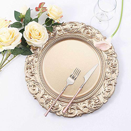 Balsacircle 6 Pcs 14-Inch Gold Metallic Round Baroque Plastic Charger Plates Wedding Reception Party Decorations Supplies #TOP7