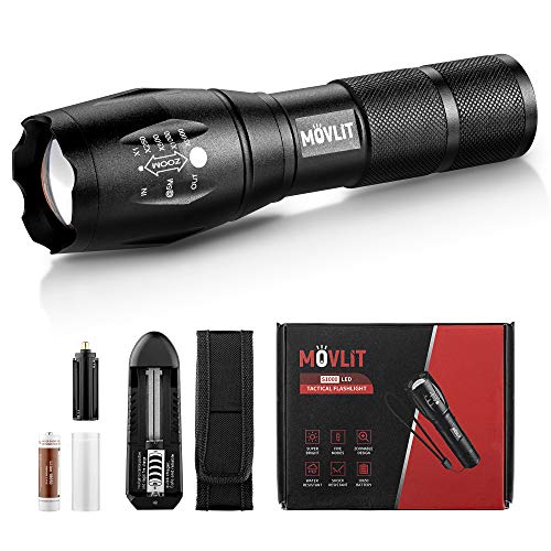 MOVLIT Rechargeable Tactical LED Flashlight (Flashlights with batteries included) - High Lumens, Super Bright, Zoomable, 5 Modes, Water Resistant, Camping, Brightest, Emergency, Best Flashlight