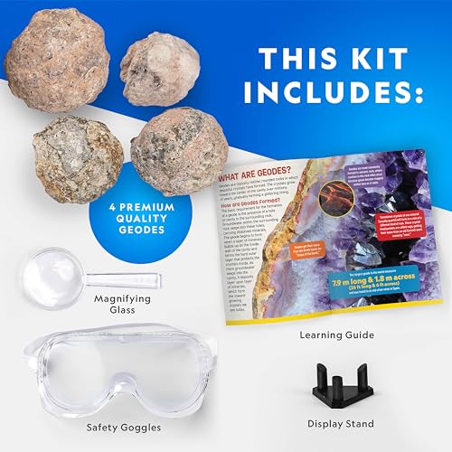 Image of National Geographic Break Open 4 Geodes Science Kit - Includes Goggles and Display Stand - STEM Science Gift for Boys and Girls, Break Your Own Geodes with Crystals (Amazon Exclusive)