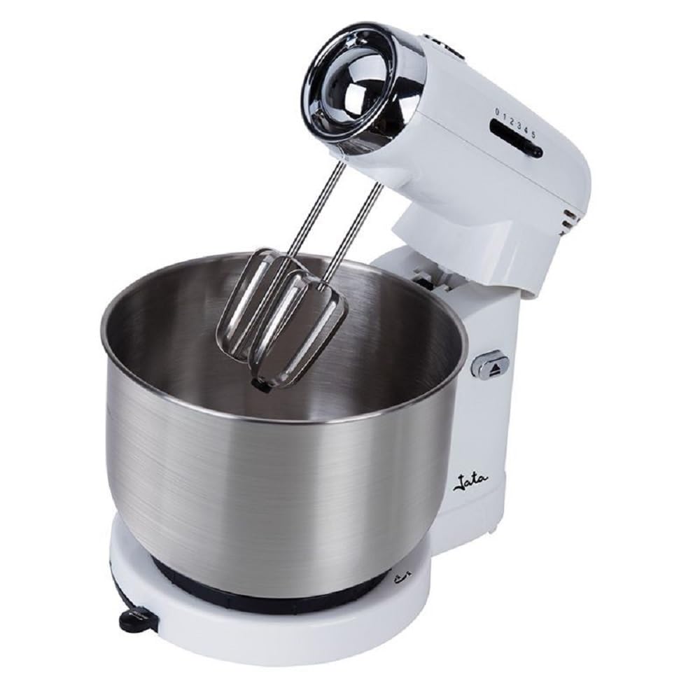 Jata MZ670 Batidora Amasadora Mezcladora con Bol de Acero Inoxidable de 3,5 L, 350 W, 5 Velocidades, Base Giratoria, 2 Espirales para Amasar y 2 Varillas para Mezclar