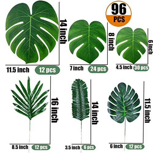 96 Pcs Artificial Tropical Jungle Leaves Party Décor - Palm/ Monstera/ Safari Leaves Luau Party Decorations #TOP3