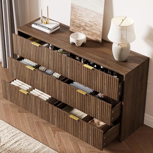 Image of MAISONARIA 6 Drawer Dresser for Bedroom, 55 inch Wide Modern Chest of Drawers with Gold Metal Handles, Fluted Wood TV Stand for Living Room, Hallway, Walnut
