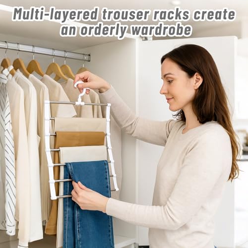Hosenbügel platzsparend & Kleiderbügel platzsparend, 3 Stück 7-in-1 Hosenträger aus Edelstahl & Kunststoff, stabile Faltbare Kleiderbügel Hosen für Jeans, Schals und Schrank-Organisation, Weiß