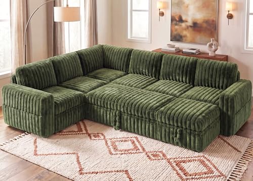 Image of HONBAY Plush Corduroy Modular Sectional Sofa with Pull Out Bed, Convertible U Shaped Couch with Storage,Sleeper Sectional Couches for Living Room,Plush Green