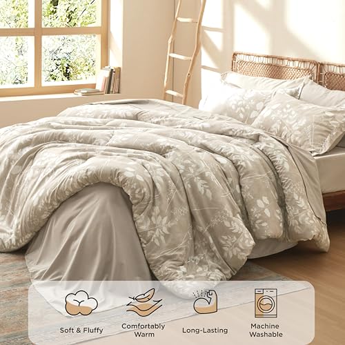 Image of Bedsure Floral Beige Comforter Set, Full Bedding Sets, 7 Piece | Bed in a Bag, Comforters, Bedroom, Reversible, Fluffy, Whisper-Quiet, All-Season, Polyester, Easy Care, Botanical-Chic, OEKO