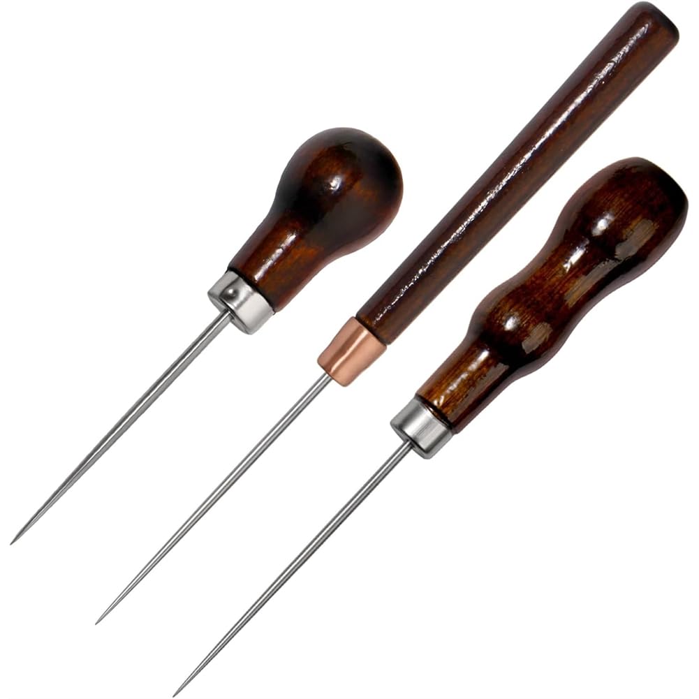 Jnchdghwa As Shown Sewing Awl Gourd Shape Pin For Punching Tool- 3-Pack Scratch Awl With Wooden Handles For Punch Hole Crafts