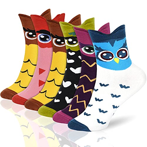 Emooqi Femmes Chaussettes, Lot de 6 Paires Coton Femmes Chaussettes Drôle Mignon Animaux Hibou Thermiques Chaussettes Femme en Coton Multicolore