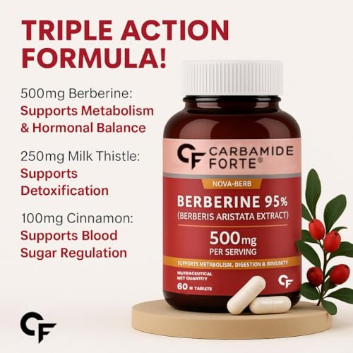 Image of Carbamide Forte Berberine 95% with Milk Thistle & Cinnamon | Berberine 500mg Liver Detox Supplement | 60 Veg Capsule (Pack of 2)