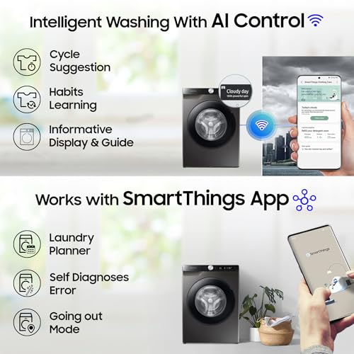 Image of Samsung 8 kg, 5 star, Eco Bubble Technology, AI Control, Wi-Fi, Fully-Automatic Front Load Washing Machine (WW80T504DAB1TL, Hygiene Steam, Black Caviar, Awarded as Washing Machine Brand of the year)