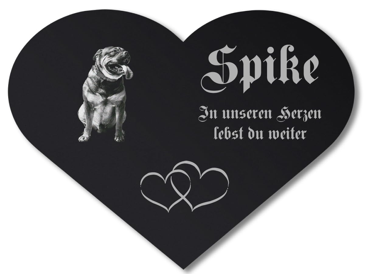 Personalisierter Tier Herz Grabstein Grabschmuck mit Foto Gravur - Acrylglas Schwarz Hochglanz 300 x 225 mm - wetterfest, für Hund, Katze und alle Haustiere, individuelles Foto und Text