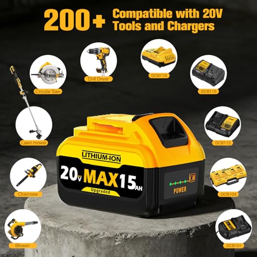 Image of 15Ah 20V MAX Replacement for Dewalt Lithium Ion Battery with High Capacity Batteries Cordless Power Tools 20 Volt Baterias DCB201 DCB203 DCB204 DCB205 DCB206 LED Indicator (2 Pack MAX 15Amp 20Volt)