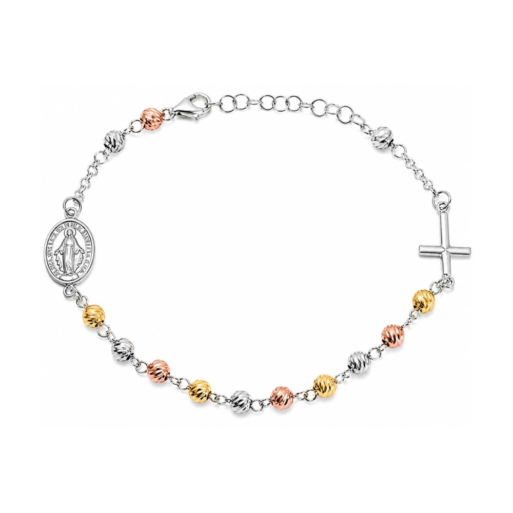 Bracciale Rosario Donna in Argento 925 con Grani Tre Colori Classico Dorato e Ramato – Simbolo Cattolico Cristiano di Fede Religioso – Braccialetto Elegante bcc1200b