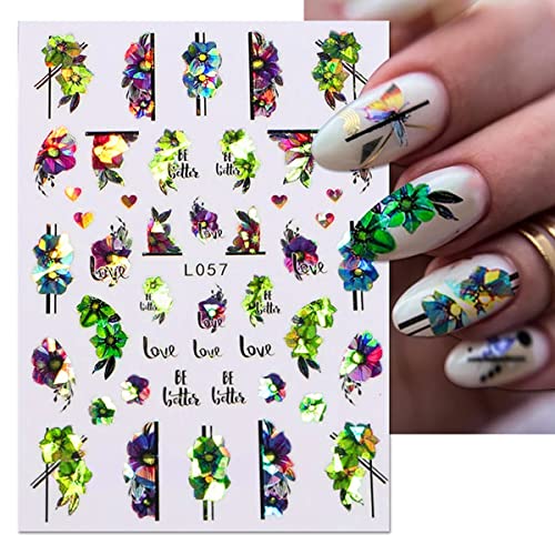 8 Sheets Flower Nail Art Stickers 3D Self-Adhesive Holographic Nail Stickers Spring Summer Nail Decals Floral Leaves Designs Nail Art Supplies Laser Colorful Nail Accessories For Women Diy Manicure #TOP1