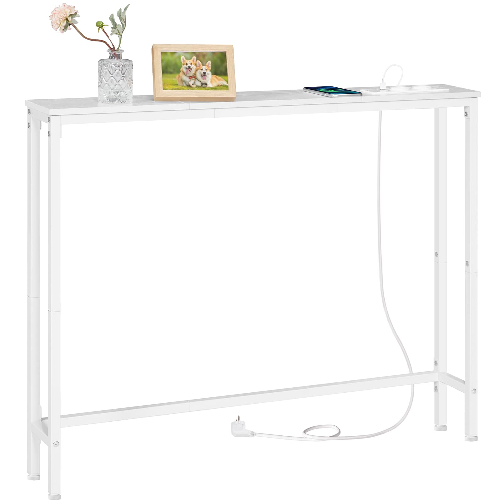 HOOBRO Mesa de Consola Estrecha de 100 cm, Mesa de Entrada con Enchufe Múltiple, para Colocar detrás del Sofá, para Sala de Estar, Pasillo, Marco de Metal, Blanco EWW52CXG01G1