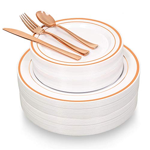 Be Good or Better BGB Rose Gold Plastic Dinnerware 130 Pieces, 26 Guests, Rose Gold Plastic Plates with Rose Gold Silverware - include Dinner Plates, Salad Plates, Forks, Knives, Spoons