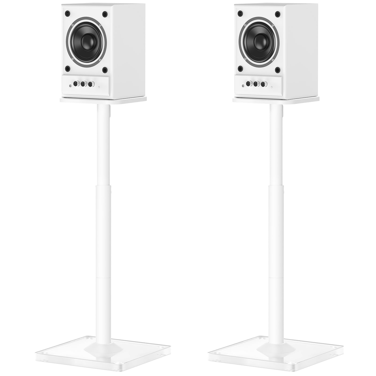 ELIVED Soporte universal para altavoces (altura regulable hasta 95 cm, con base de cristal y canal de cable interno para altavoces de estantería, 10 kg, 1 par), color blanco