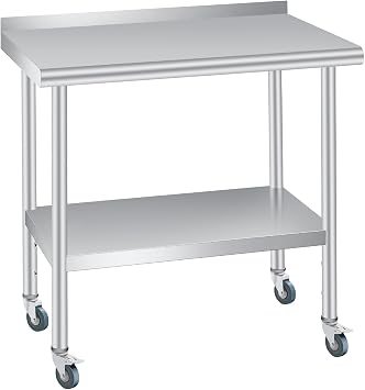 Stainless Steel Prep Table, 30 x 24 Inches, with Backsplash, Adjustable Undershelf and 4 Caster Wheels, Commercial Heavy Duty Table with Adjustable Under Shelf for Outdoor Use,Restaurants,Hotels,Works