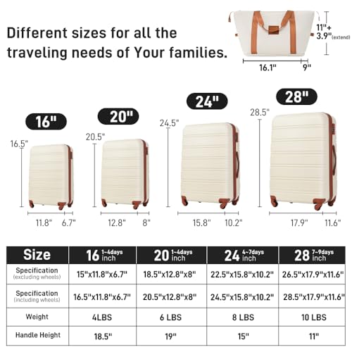 Hardshell Luggage Sets 4 pcs + Bag Spinner Suitcase with TSA Lock Lightweight-16+20"+24"+28" Luggages (Brown+White + ABS)2