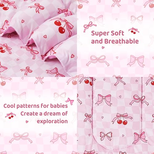 Image of lasoftan Toddler Bedding Set, Toddler Bed Comforter Sets for Girls, Toddler Bed Set, Pink Cherry Printed